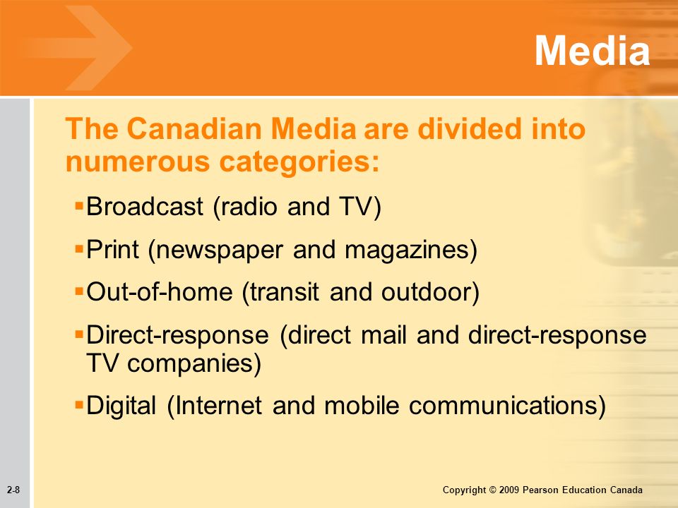 2-8 Copyright © 2009 Pearson Education Canada Media The Canadian Media are divided into numerous categories:  Broadcast (radio and TV)  Print (newspaper and magazines)  Out-of-home (transit and outdoor)  Direct-response (direct mail and direct-response TV companies)  Digital (Internet and mobile communications)