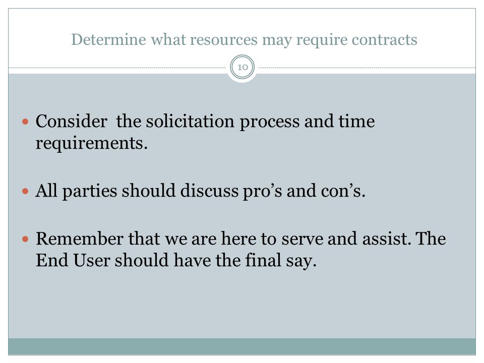 Determine what resources may require contracts 10 Consider the solicitation process and time requirements.