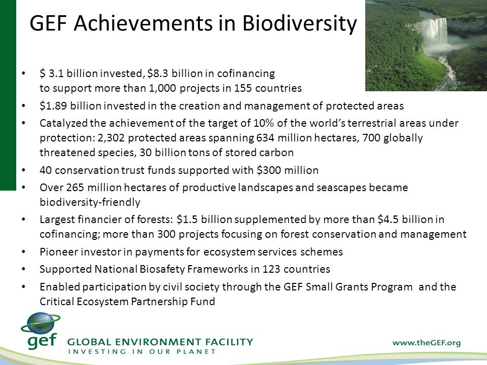 GEF Achievements in Biodiversity $ 3.1 billion invested, $8.3 billion in cofinancing to support more than 1,000 projects in 155 countries $1.89 billion invested in the creation and management of protected areas Catalyzed the achievement of the target of 10% of the world’s terrestrial areas under protection: 2,302 protected areas spanning 634 million hectares, 700 globally threatened species, 30 billion tons of stored carbon 40 conservation trust funds supported with $300 million Over 265 million hectares of productive landscapes and seascapes became biodiversity-friendly Largest financier of forests: $1.5 billion supplemented by more than $4.5 billion in cofinancing; more than 300 projects focusing on forest conservation and management Pioneer investor in payments for ecosystem services schemes Supported National Biosafety Frameworks in 123 countries Enabled participation by civil society through the GEF Small Grants Program and the Critical Ecosystem Partnership Fund