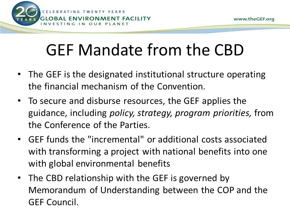 GEF Mandate from the CBD The GEF is the designated institutional structure operating the financial mechanism of the Convention.