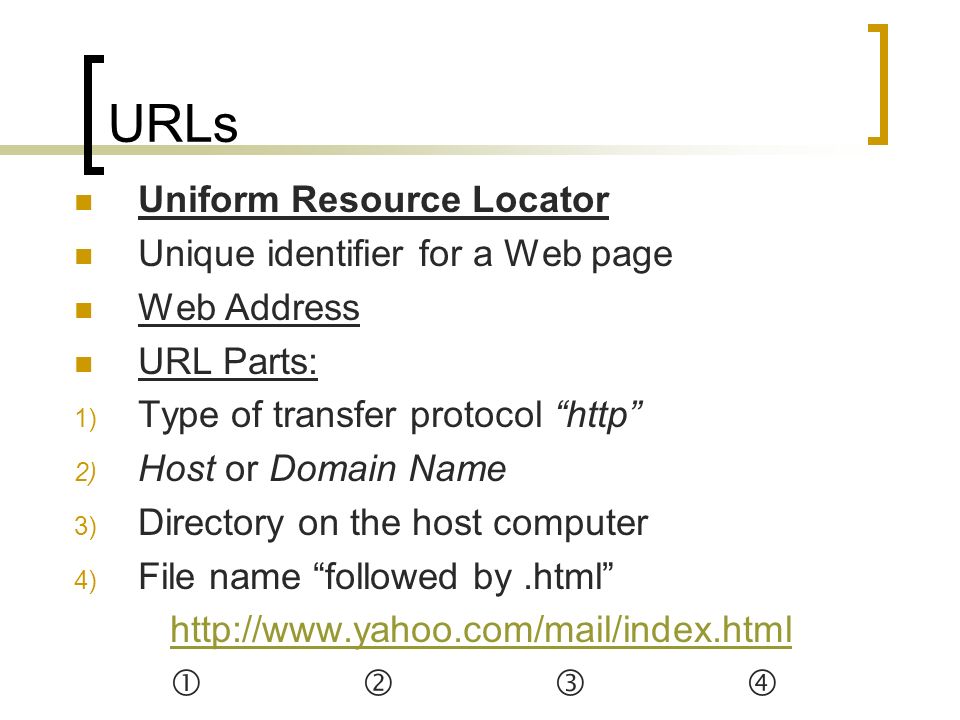 URLs Uniform Resource Locator Unique identifier for a Web page Web Address URL Parts: 1) Type of transfer protocol http 2) Host or Domain Name 3) Directory on the host computer 4) File name followed by.html   