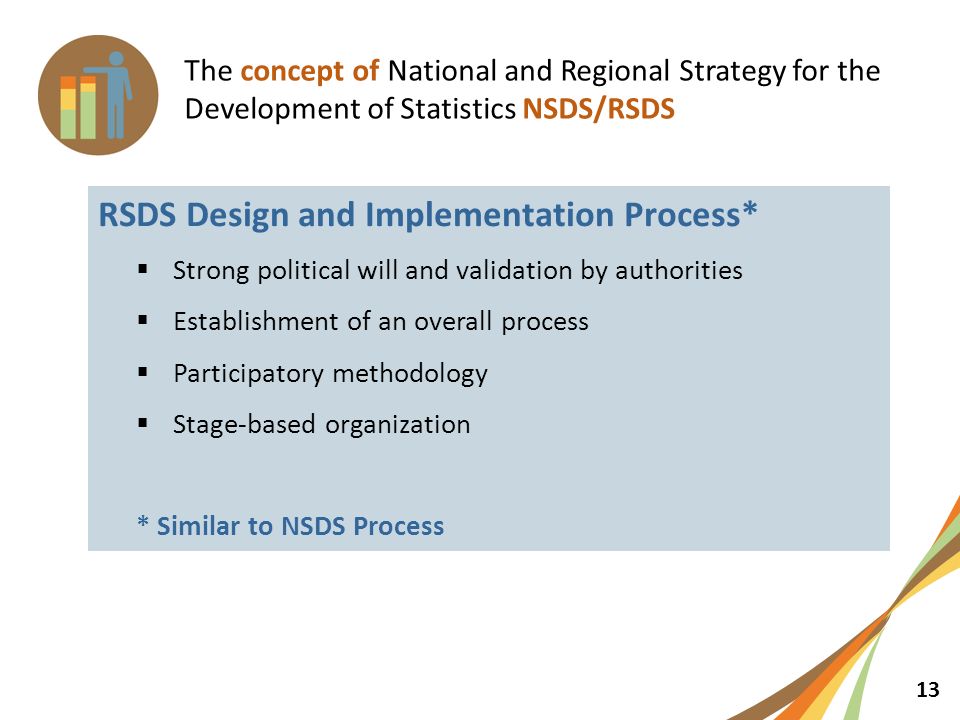 13 The concept of National and Regional Strategy for the Development of Statistics NSDS/RSDS RSDS Design and Implementation Process*  Strong political will and validation by authorities  Establishment of an overall process  Participatory methodology  Stage-based organization * Similar to NSDS Process