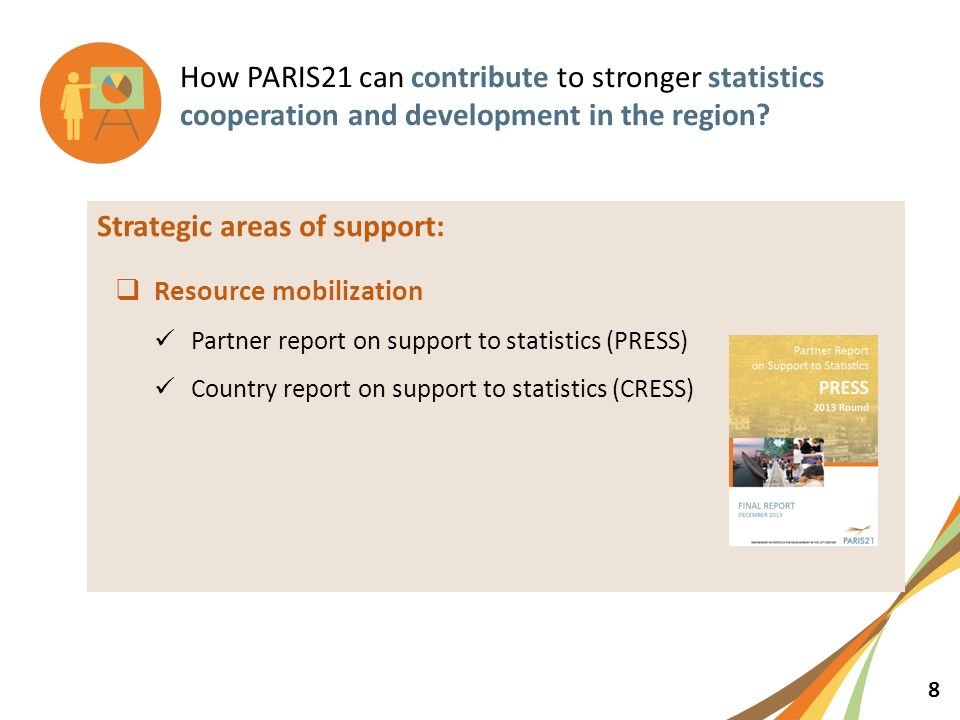 8 Strategic areas of support:  Resource mobilization Partner report on support to statistics (PRESS) Country report on support to statistics (CRESS) How PARIS21 can contribute to stronger statistics cooperation and development in the region