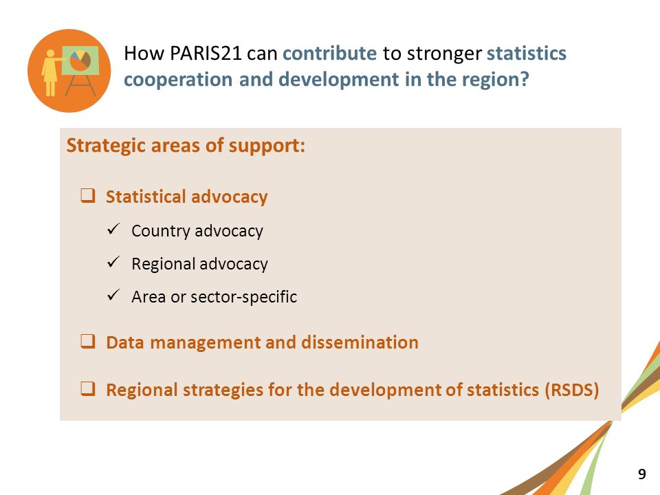 9 Strategic areas of support:  Statistical advocacy Country advocacy Regional advocacy Area or sector-specific  Data management and dissemination  Regional strategies for the development of statistics (RSDS) How PARIS21 can contribute to stronger statistics cooperation and development in the region