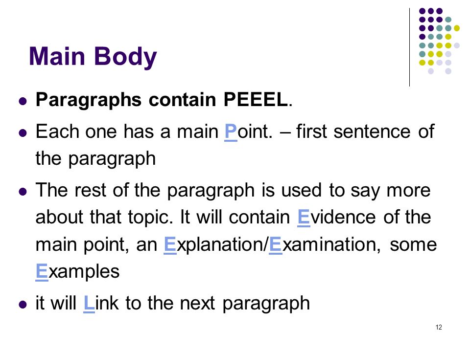 12 Main Body Paragraphs contain PEEEL. Each one has a main Point.
