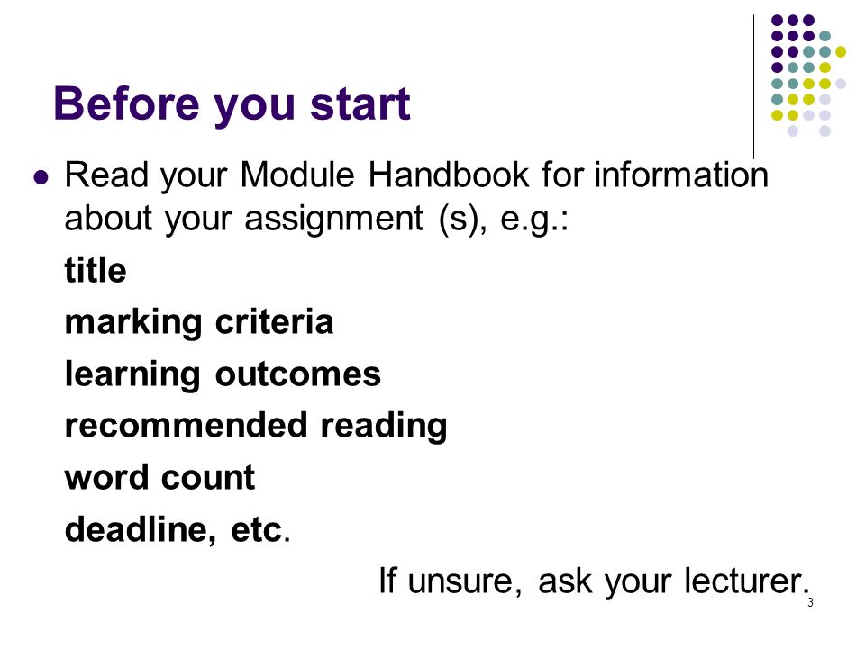 3 Before you start Read your Module Handbook for information about your assignment (s), e.g.: title marking criteria learning outcomes recommended reading word count deadline, etc.