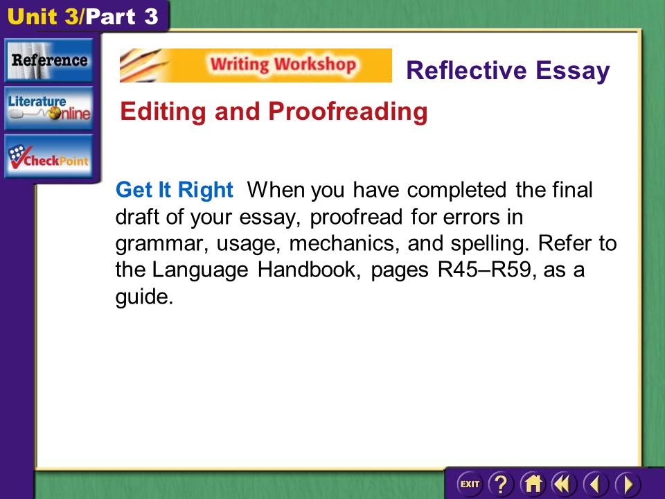 Unit 3/Part 3 Get It Right When you have completed the final draft of your essay, proofread for errors in grammar, usage, mechanics, and spelling.