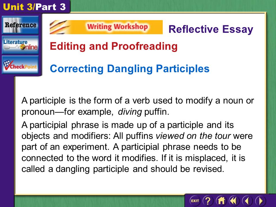 Unit 3/Part 3 Correcting Dangling Participles A participle is the form of a verb used to modify a noun or pronoun—for example, diving puffin.