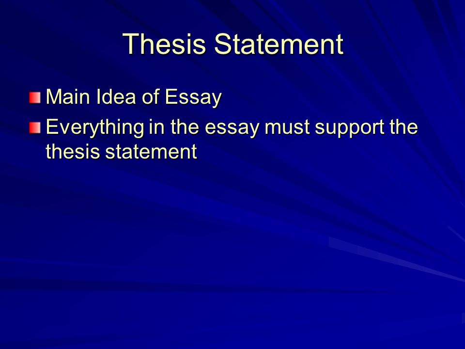 Thesis Statement Main Idea of Essay Everything in the essay must support the thesis statement