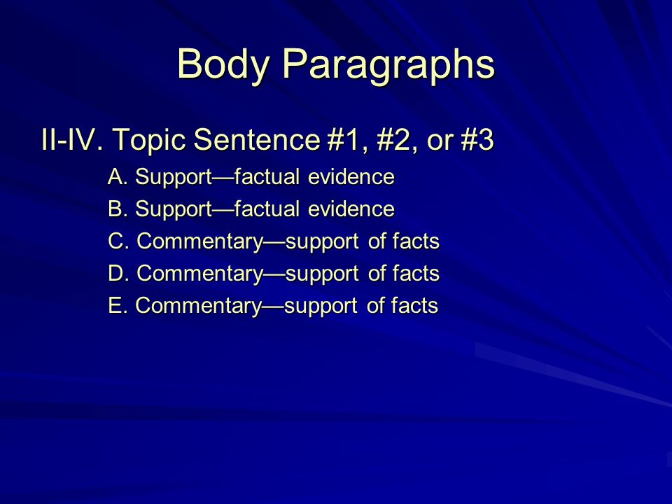 Body Paragraphs II-IV. Topic Sentence #1, #2, or #3 A.