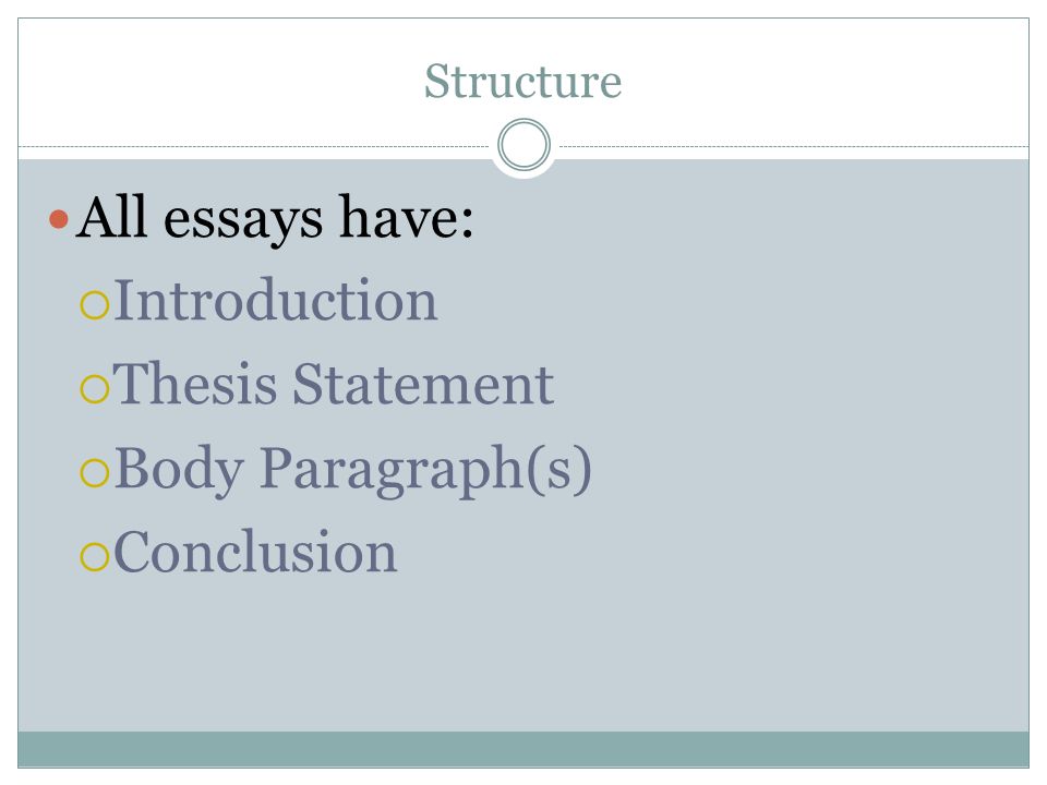 Structure All essays have:  Introduction  Thesis Statement  Body Paragraph(s)  Conclusion