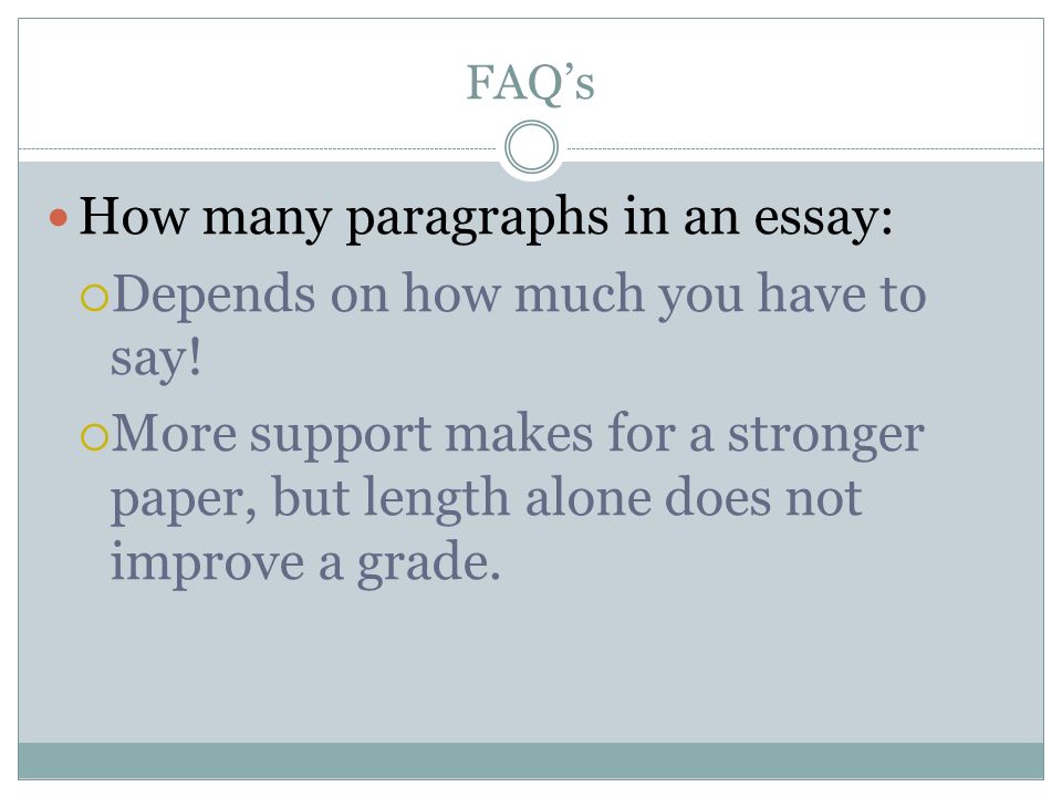 FAQ’s How many paragraphs in an essay:  Depends on how much you have to say.