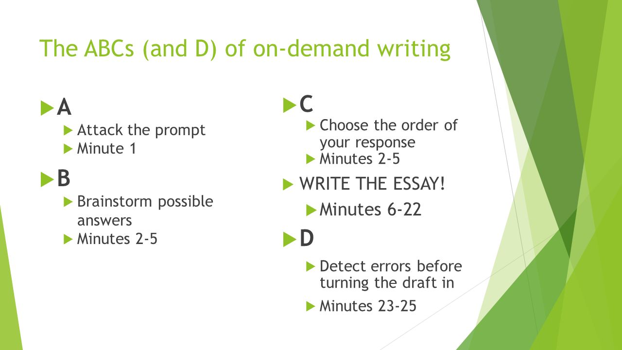 The ABCs (and D) of on-demand writing AA  Attack the prompt  Minute 1 BB  Brainstorm possible answers  Minutes 2-5 CC  Choose the order of your response  Minutes 2-5  WRITE THE ESSAY.