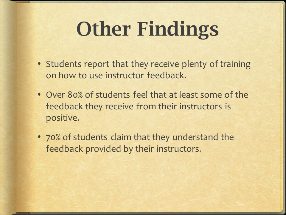 Other Findings  Students report that they receive plenty of training on how to use instructor feedback.