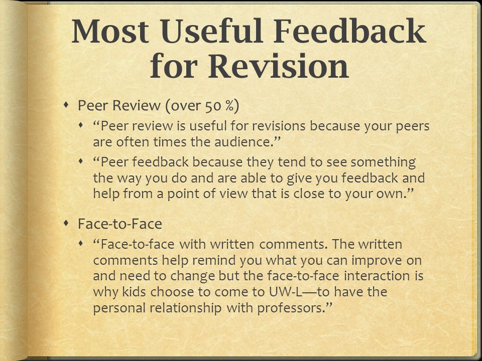 Most Useful Feedback for Revision  Peer Review (over 50 %)  Peer review is useful for revisions because your peers are often times the audience.  Peer feedback because they tend to see something the way you do and are able to give you feedback and help from a point of view that is close to your own.  Face-to-Face  Face-to-face with written comments.