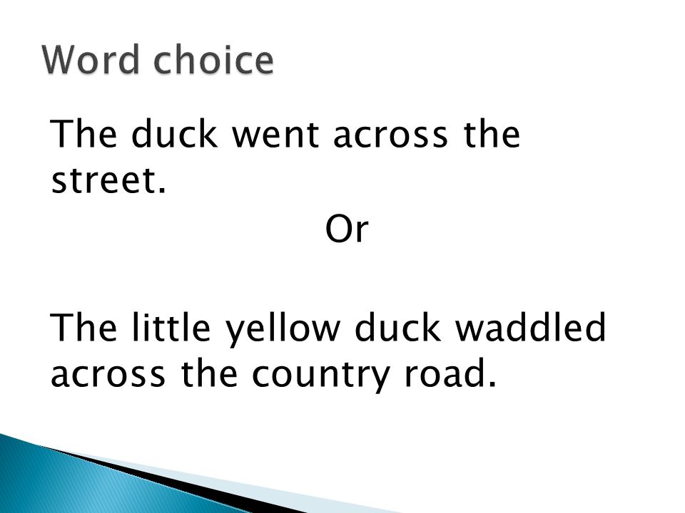 The duck went across the street. Or The little yellow duck waddled across the country road.