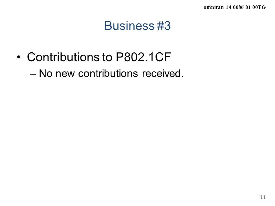 omniran TG 11 Business #3 Contributions to P802.1CF –No new contributions received.