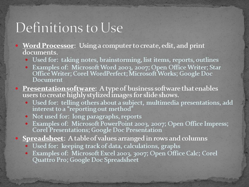 Word Processor: Using a computer to create, edit, and print documents.