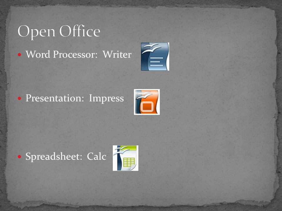 Word Processor: Writer Presentation: Impress Spreadsheet: Calc
