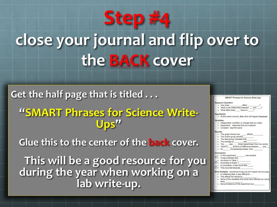 Step #4 close your journal and flip over to the BACK cover Get the half page that is titled...