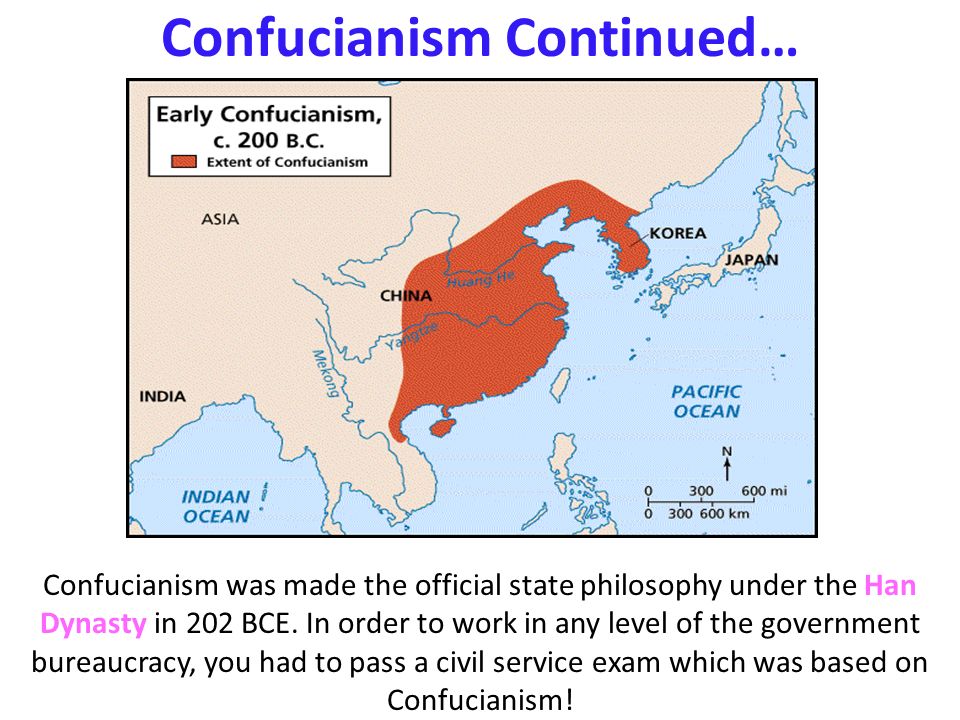 Confucianism Continued… Confucianism was made the official state philosophy under the Han Dynasty in 202 BCE.