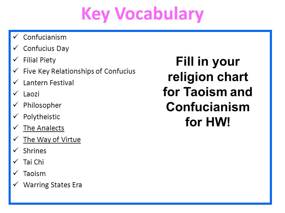 Key Vocabulary Confucianism Confucius Day Filial Piety Five Key Relationships of Confucius Lantern Festival Laozi Philosopher Polytheistic The Analects The Way of Virtue Shrines Tai Chi Taoism Warring States Era Fill in your religion chart for Taoism and Confucianism for HW!