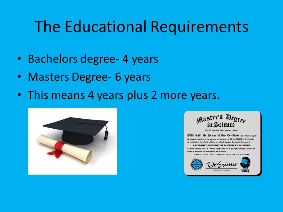 The Educational Requirements Bachelors degree- 4 years Masters Degree- 6 years This means 4 years plus 2 more years.
