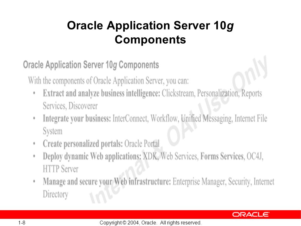 1-8 Copyright © 2004, Oracle. All rights reserved. Oracle Application Server 10g Components