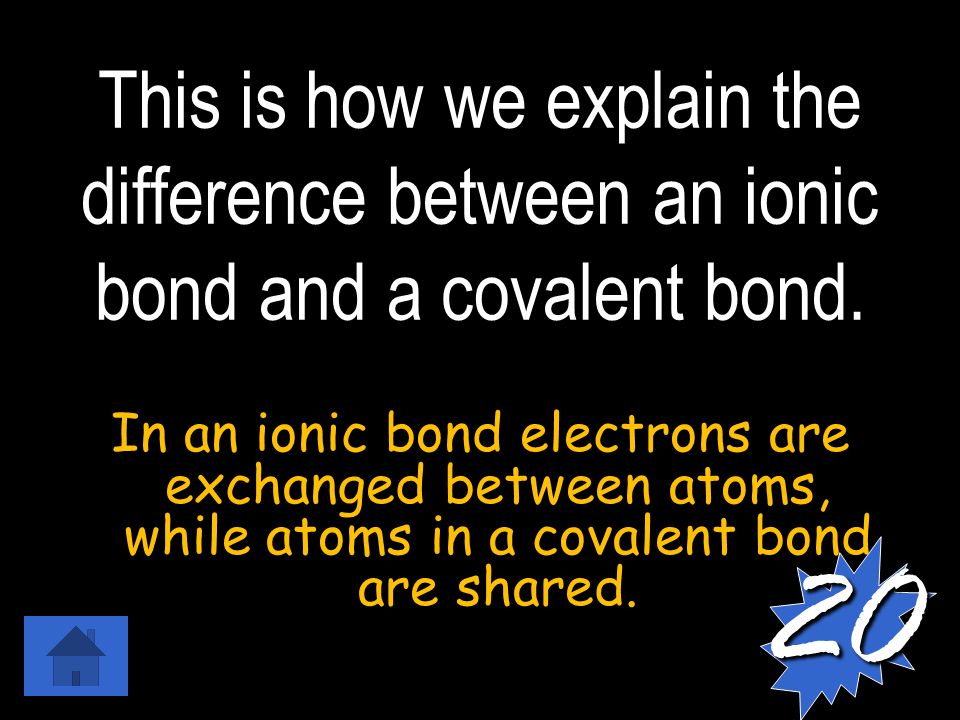 This is how we explain the difference between an ionic bond and a covalent bond.