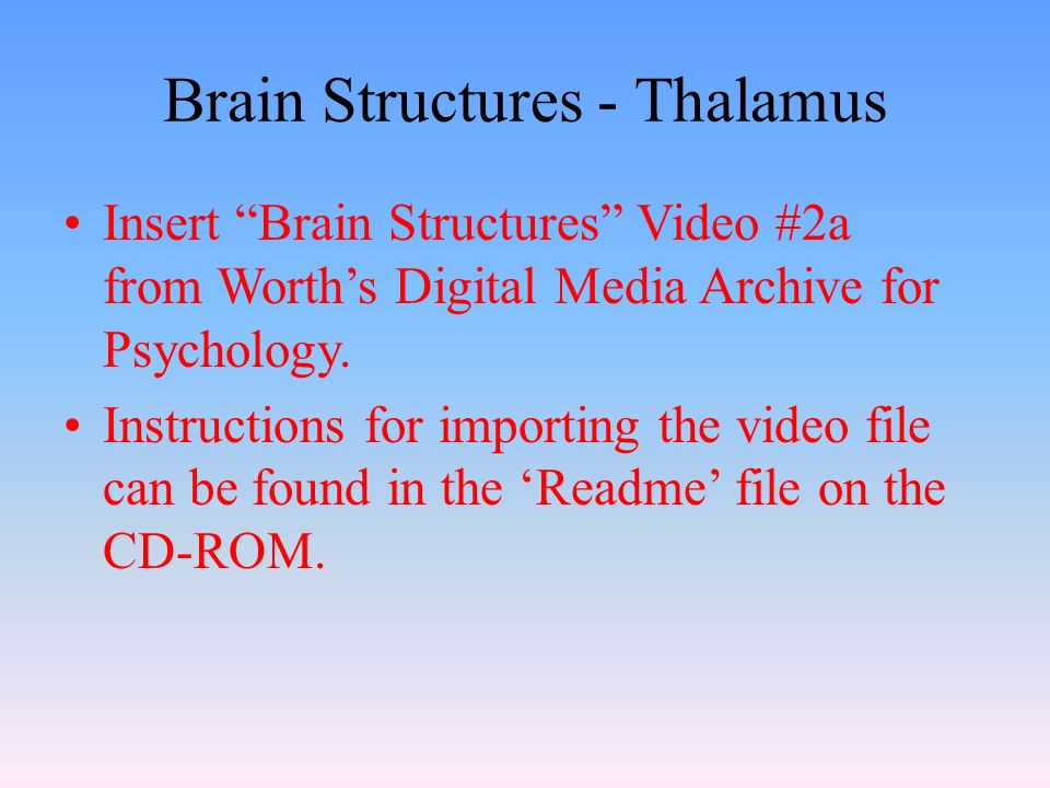 Brain Structures - Thalamus Insert Brain Structures Video #2a from Worth’s Digital Media Archive for Psychology.