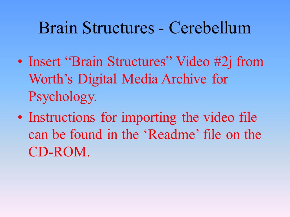 Brain Structures - Cerebellum Insert Brain Structures Video #2j from Worth’s Digital Media Archive for Psychology.