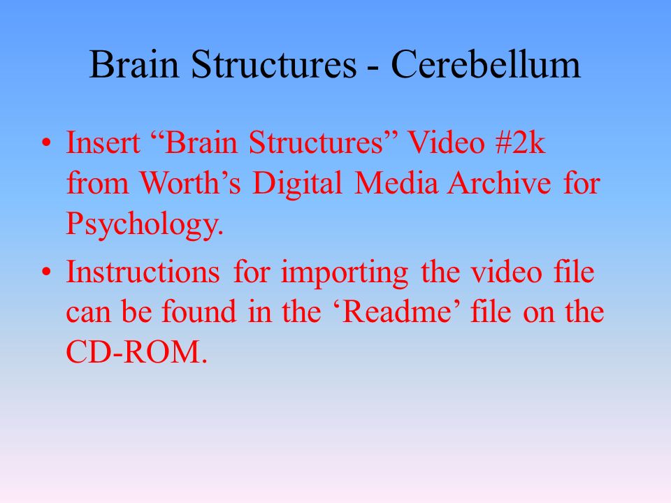 Brain Structures - Cerebellum Insert Brain Structures Video #2k from Worth’s Digital Media Archive for Psychology.