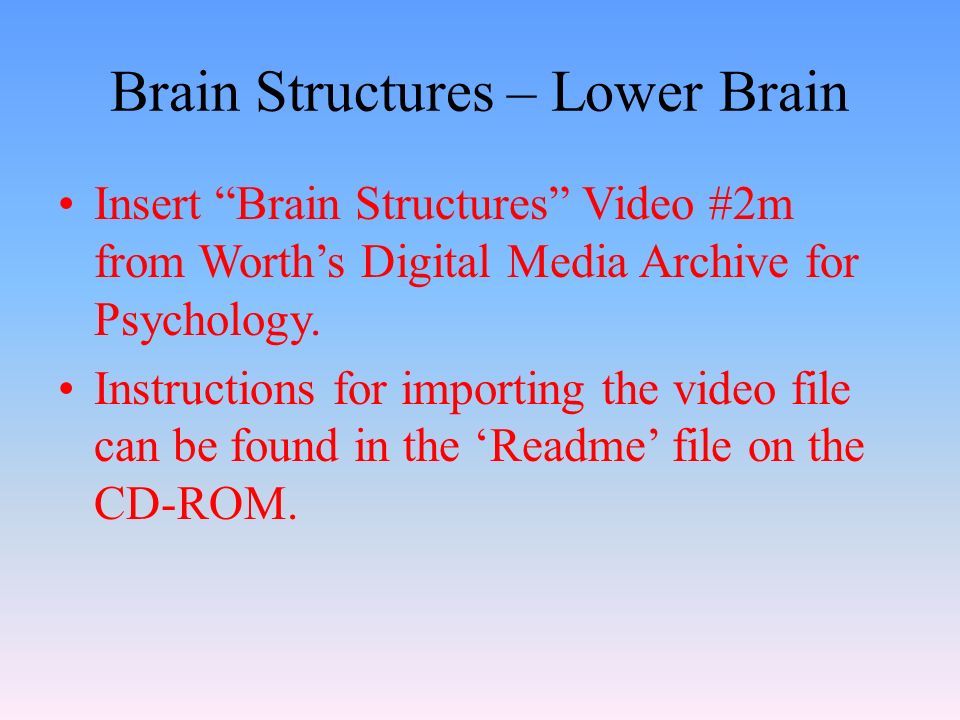 Brain Structures – Lower Brain Insert Brain Structures Video #2m from Worth’s Digital Media Archive for Psychology.