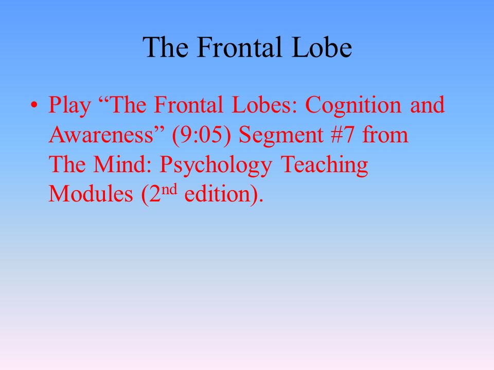 The Frontal Lobe Play The Frontal Lobes: Cognition and Awareness (9:05) Segment #7 from The Mind: Psychology Teaching Modules (2 nd edition).