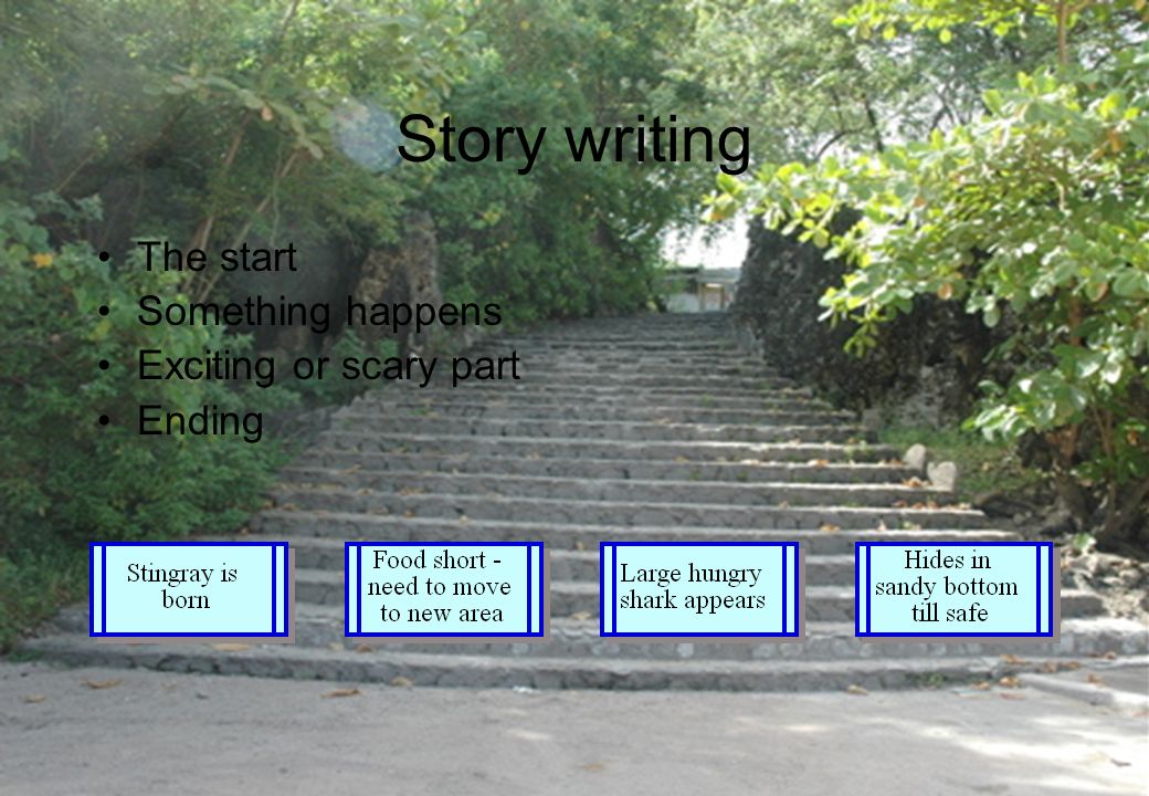 Story Writing Choose a topic you know something about Brainstorm an alpha list to get plenty of ideas to use –List letters from A to Z –Get one fact or idea for every letter –Some letters will have more than 1 idea –Some will have none