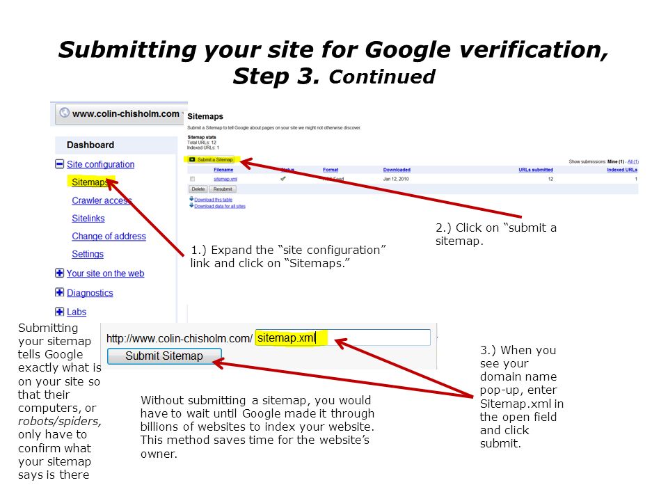 Submitting your site for Google verification, Step 3.
