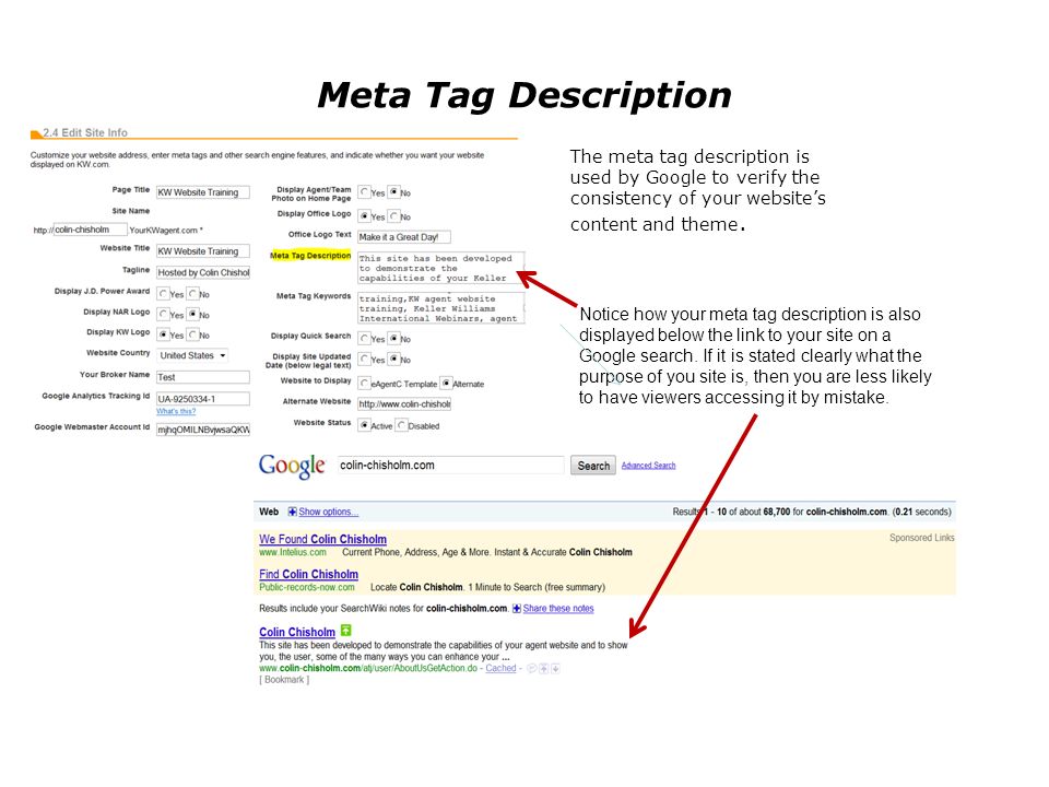 Meta Tag Description The meta tag description is used by Google to verify the consistency of your website’s content and theme.