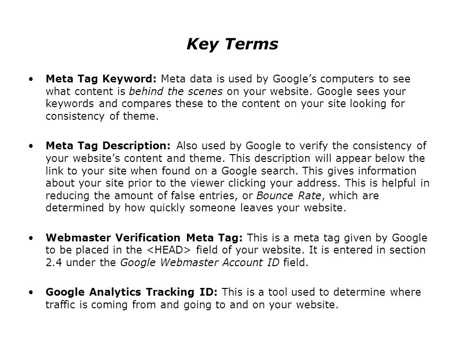 Key Terms Meta Tag Keyword: Meta data is used by Google’s computers to see what content is behind the scenes on your website.