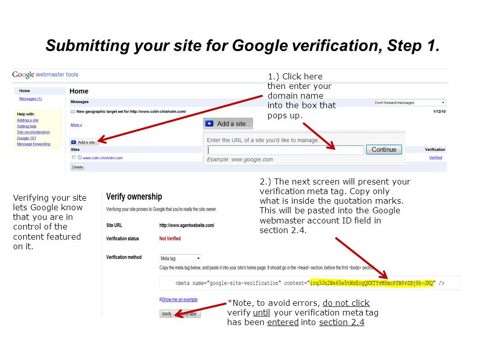 Submitting your site for Google verification, Step 1.