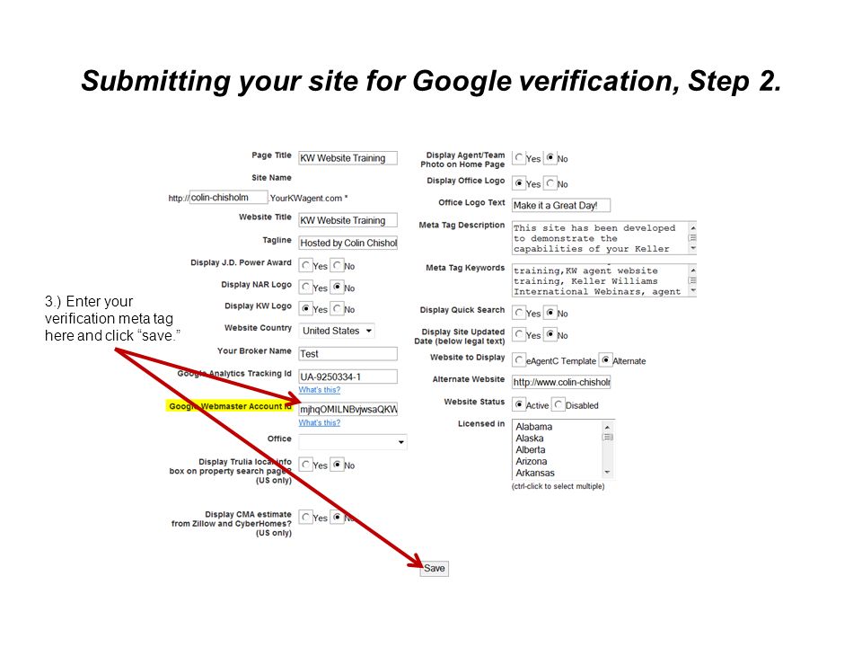 Submitting your site for Google verification, Step 2.