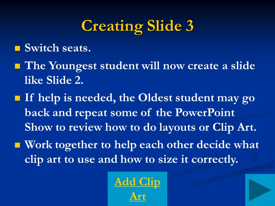 Creating Slide 3 Switch seats. The Youngest student will now create a slide like Slide 2.