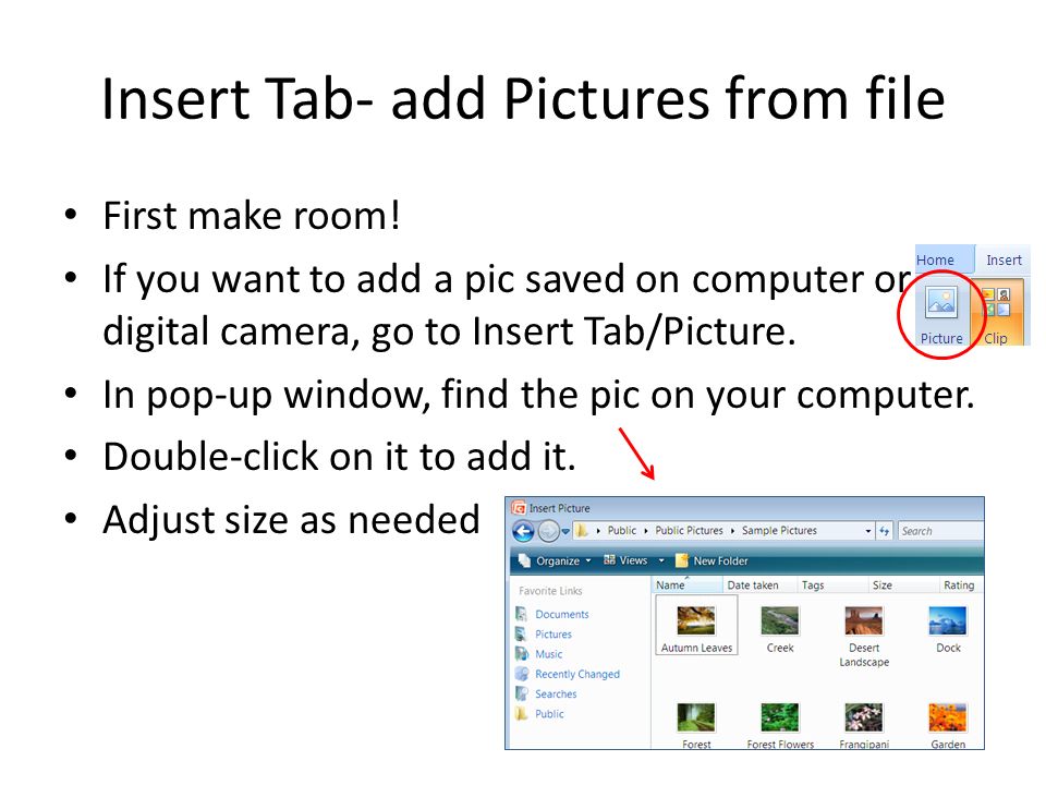 Insert Tab- add Pictures from file First make room.