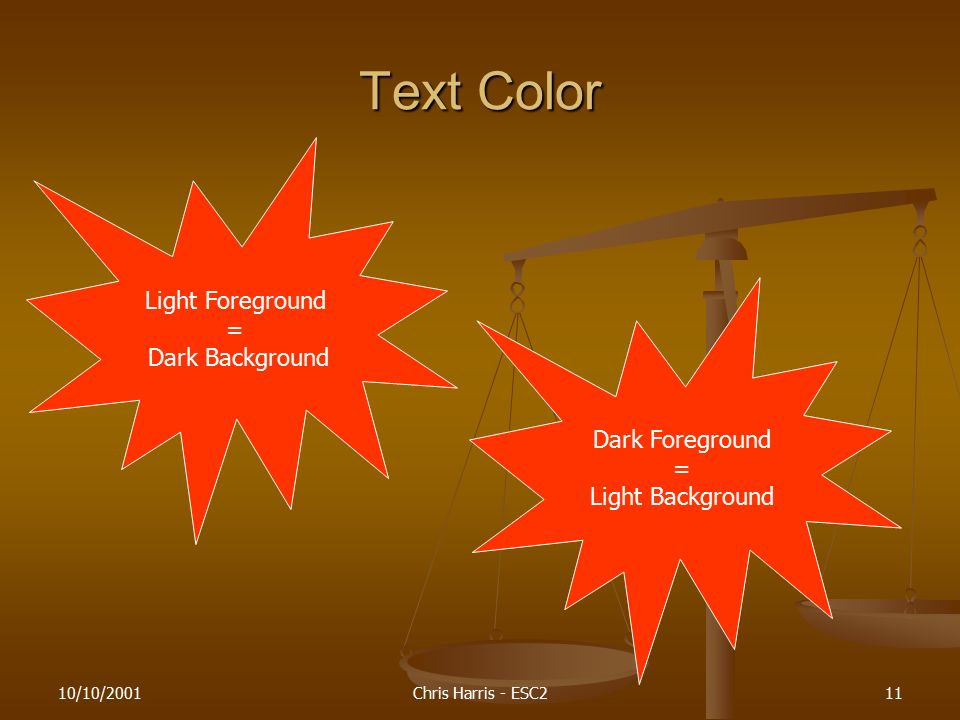 10/10/2001Chris Harris - ESC211 Text Color Light Foreground = Dark Background Dark Foreground = Light Background