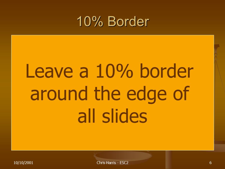10/10/2001Chris Harris - ESC26 10% Border Leave a 10% border around the edge of all slides