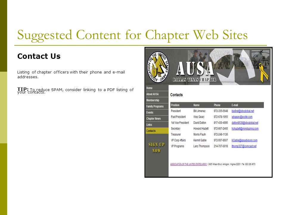 Suggested Content for Chapter Web Sites Contact Us Listing of chapter officers with their phone and  addresses.