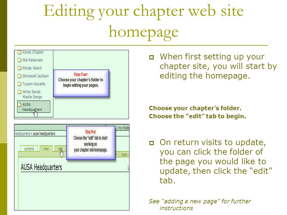 Editing your chapter web site homepage  When first setting up your chapter site, you will start by editing the homepage.