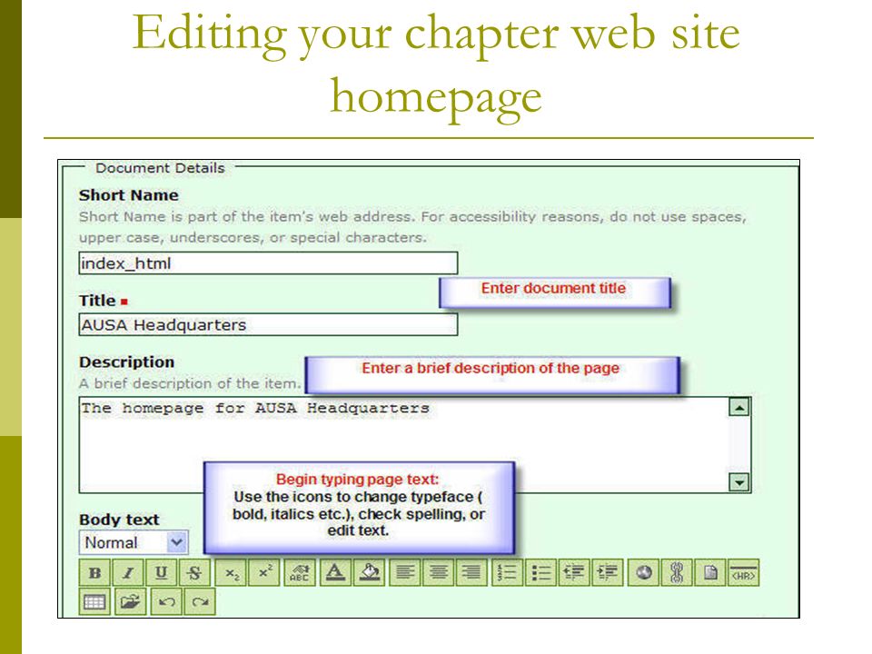 Editing your chapter web site homepage