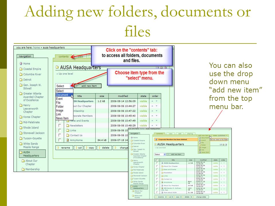 Adding new folders, documents or files You can also use the drop down menu add new item from the top menu bar.