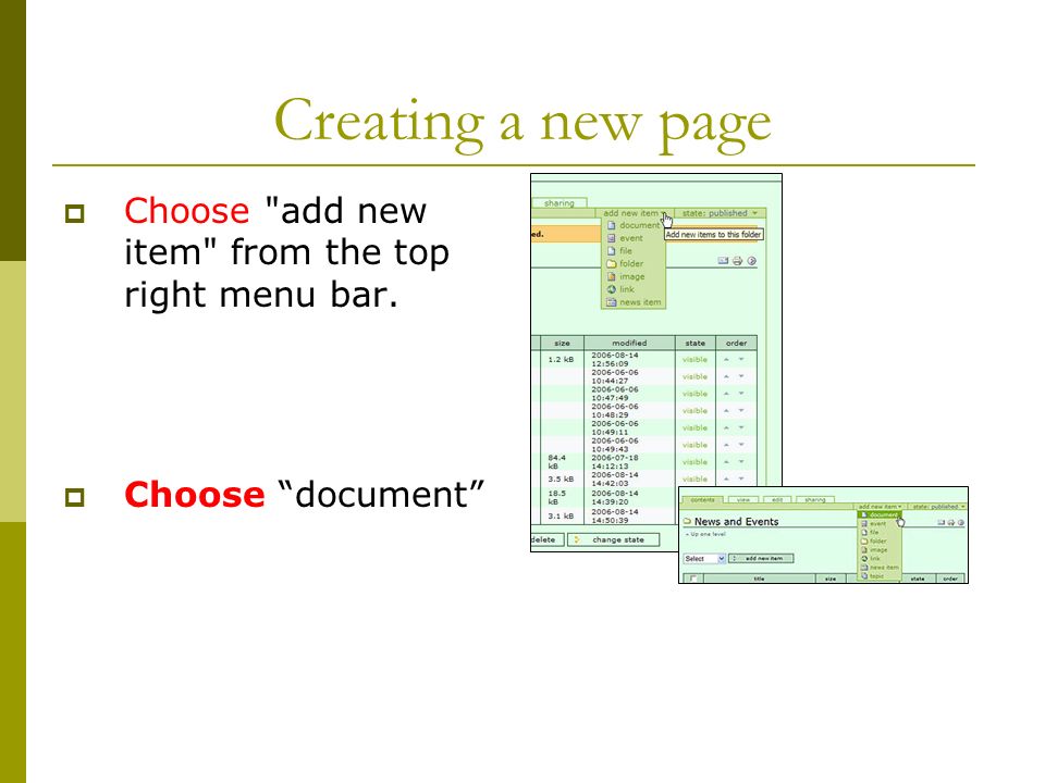 Creating a new page  Choose add new item from the top right menu bar.  Choose document