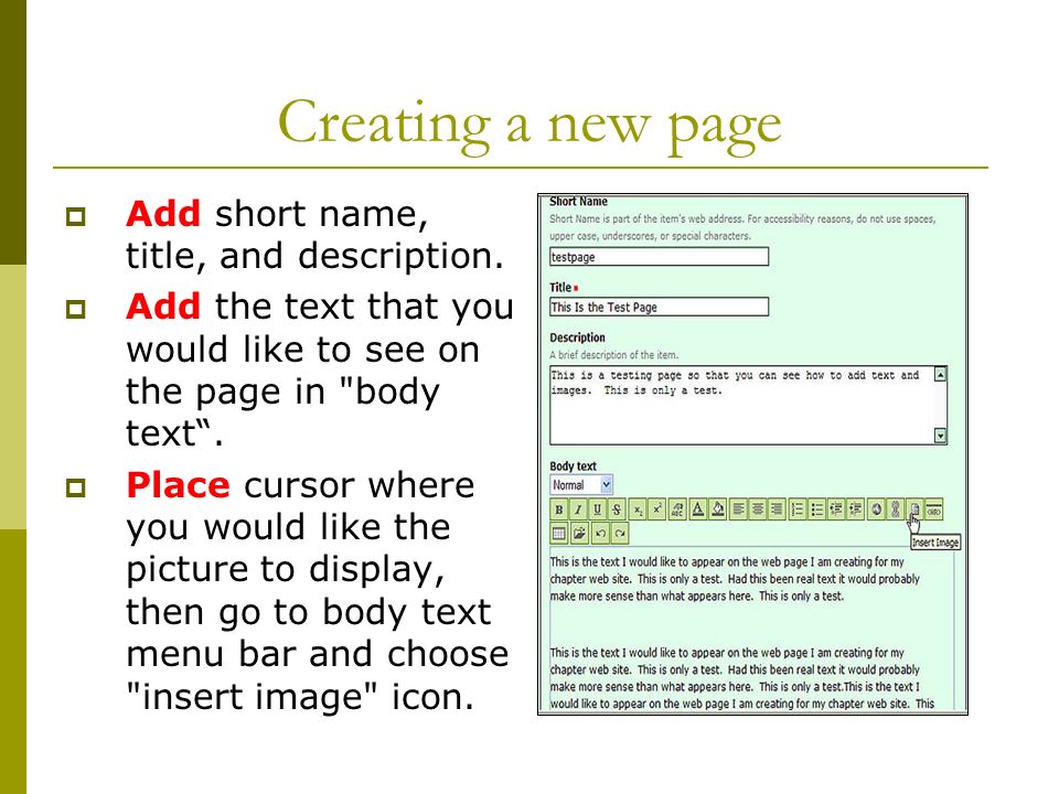 Creating a new page  Add short name, title, and description.